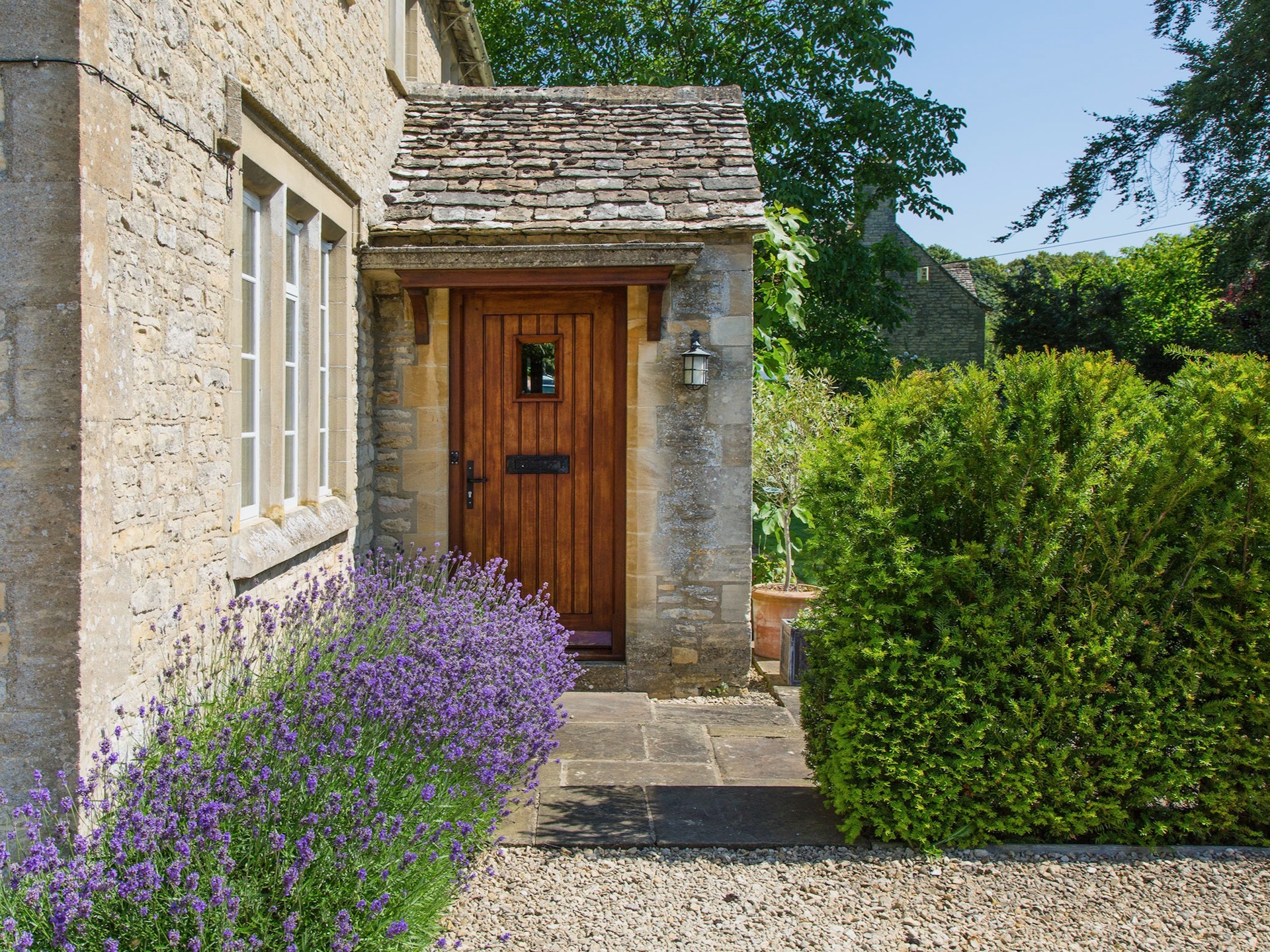 Front door with borders of lavender