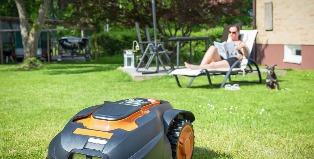 Automatic lawnmower in modern garden