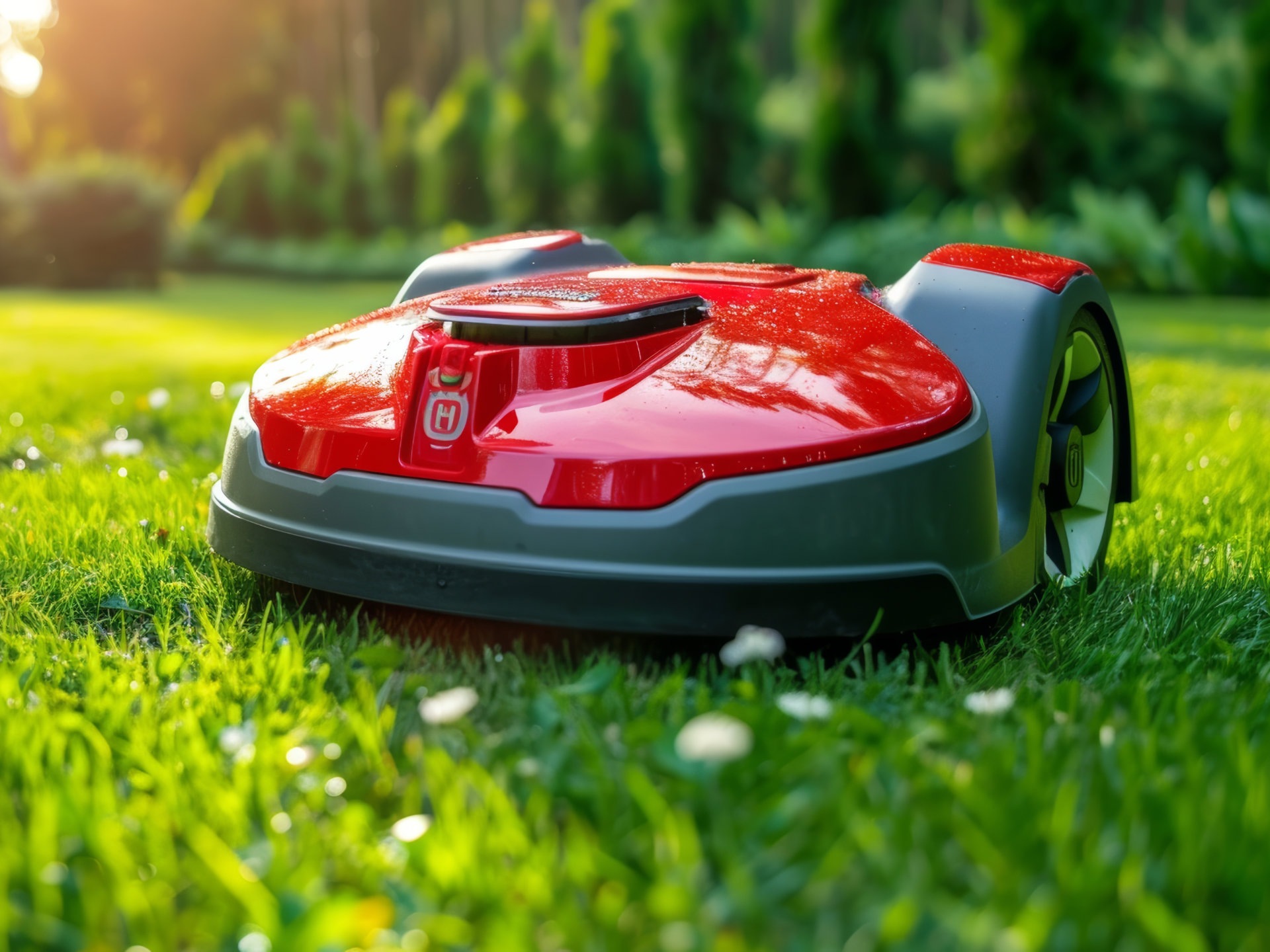 Automatic robot lawn mower cutting green grass on beautiful land