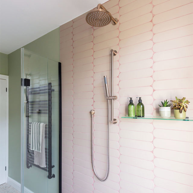 Bathroom renovation with walk-in shower with pale pink kitkat tiles and terrazzo flooring