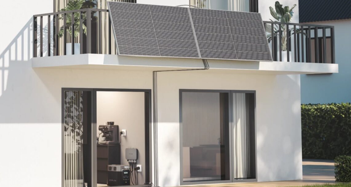 Ecoflow's PowerStream balcony solar system, with panels mounted on the balcony railings