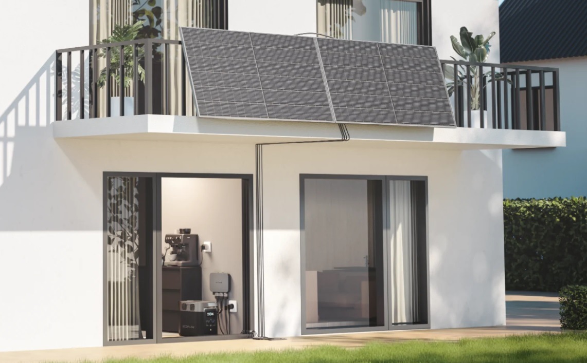 Ecoflow's PowerStream balcony solar system, with panels mounted on the balcony railings