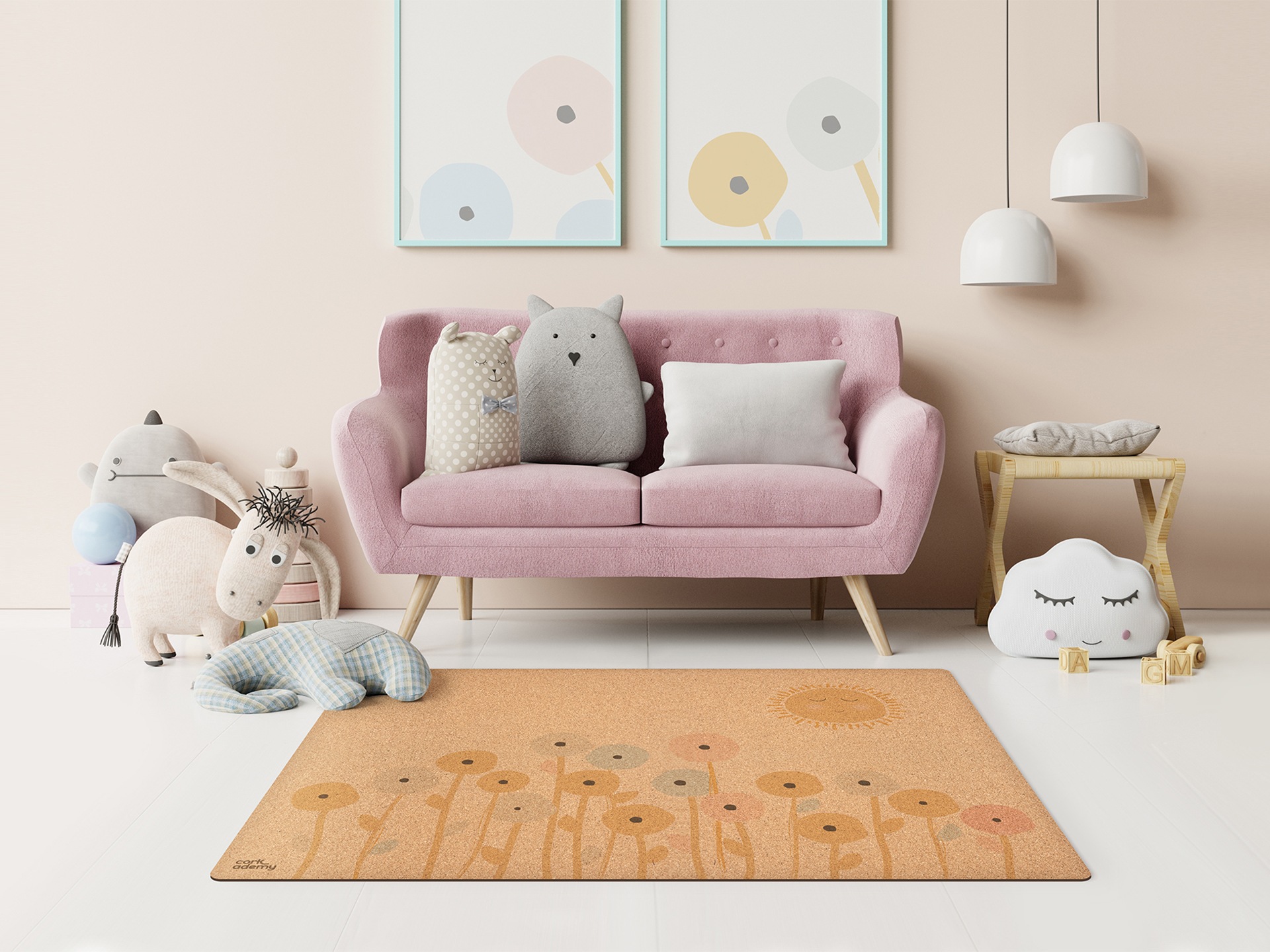 Nursery with floral cork play mat on the floor