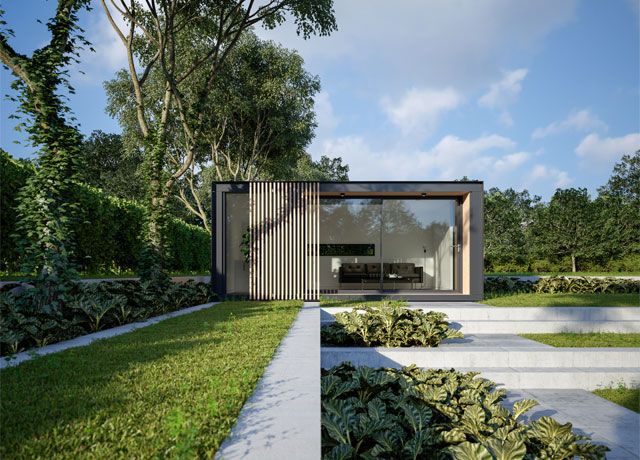 Garden room constructed from Siberian larch and contemporary panel cladding by Pod Space