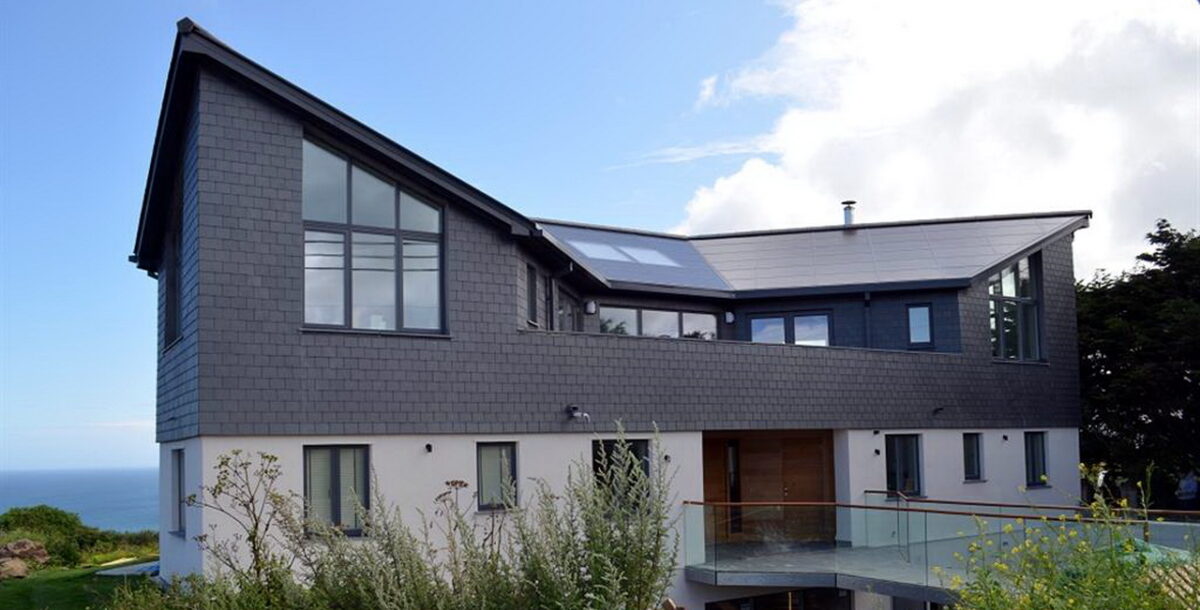 The front elevation of a house fitted with a solar roof