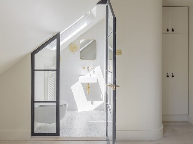 compact en suite bathroom with glass doors - Chromatic House 49. Photograpy: Nicholas Worley - grand designs