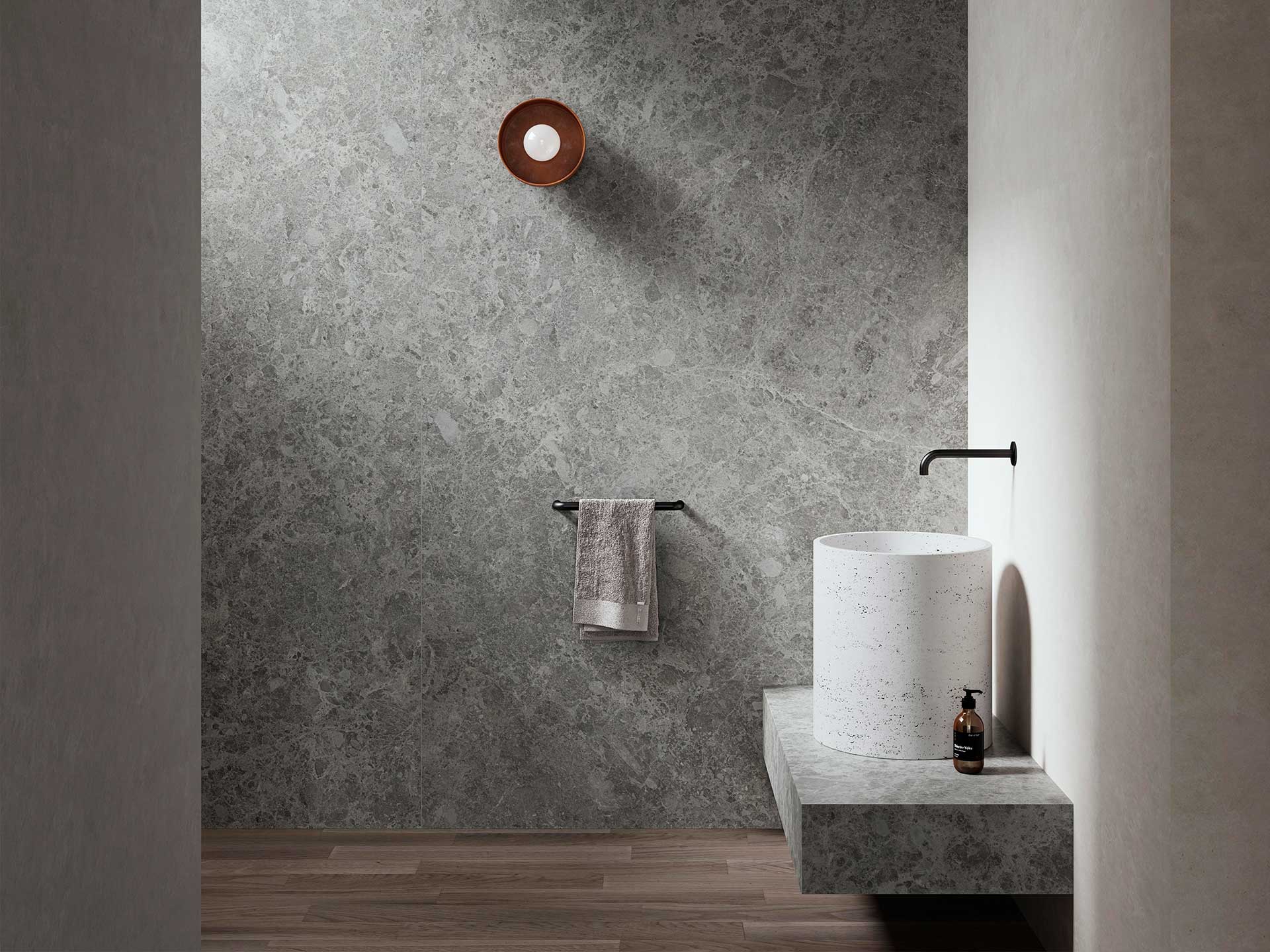 Think about texture in a small bathroom layout and making it as minimalist as possible