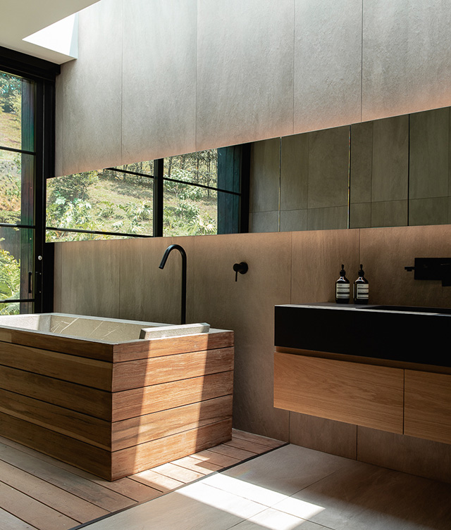 japanese refuge self build - neolith stone bathroom - grand designs