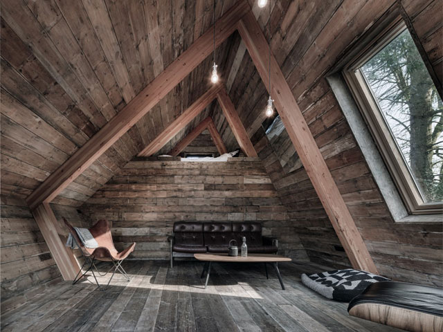 Timber interior with black sofa and coffee table in woodland. 