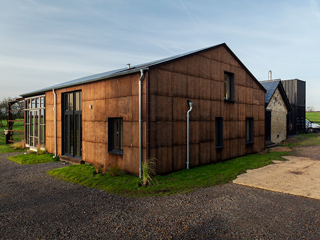 Exterior shot of Flat House barn conversion on Margent Farm in Cambridgeshire