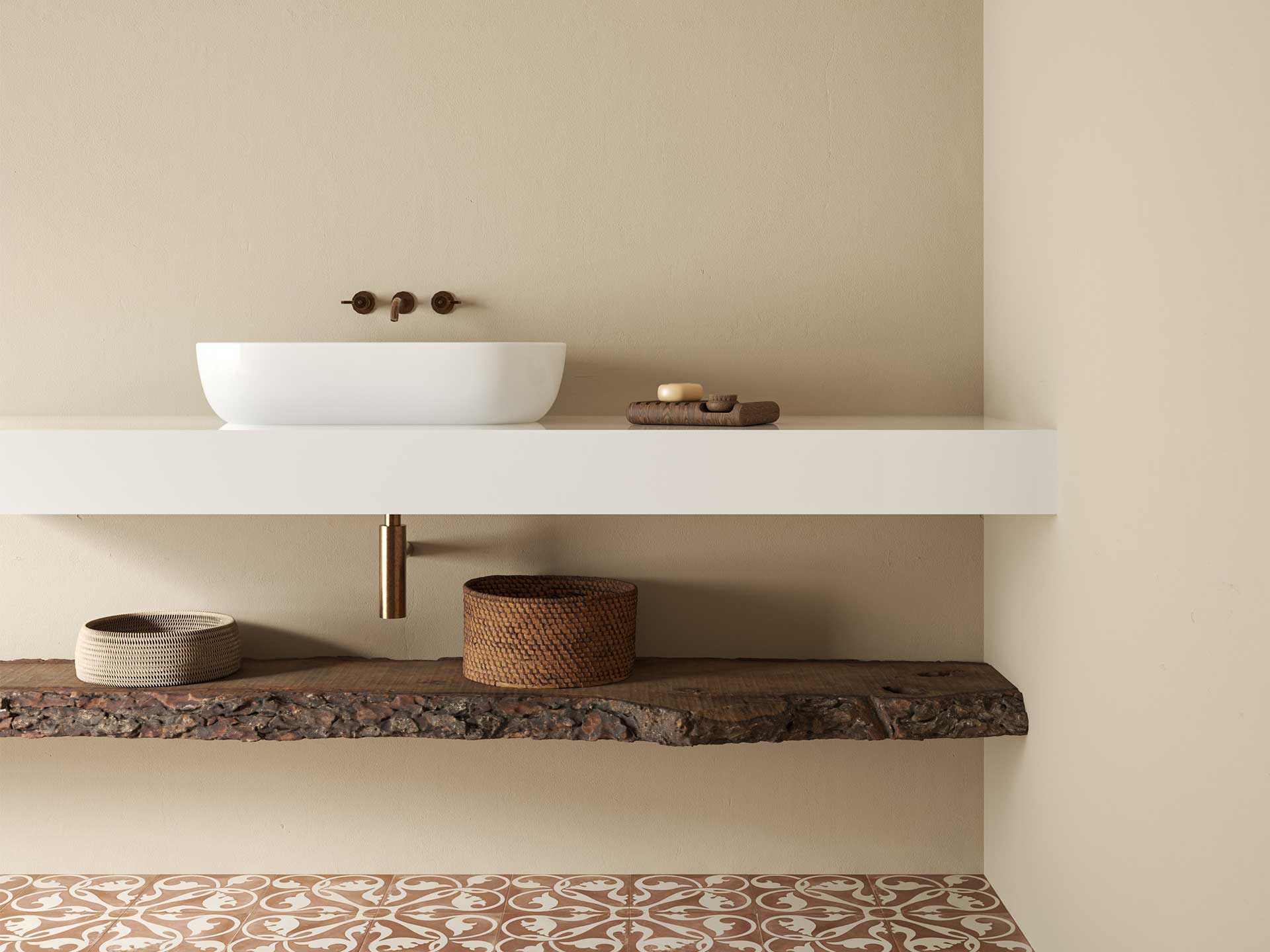 Utilise shelving instead of bulky cabinets in a small bathroom