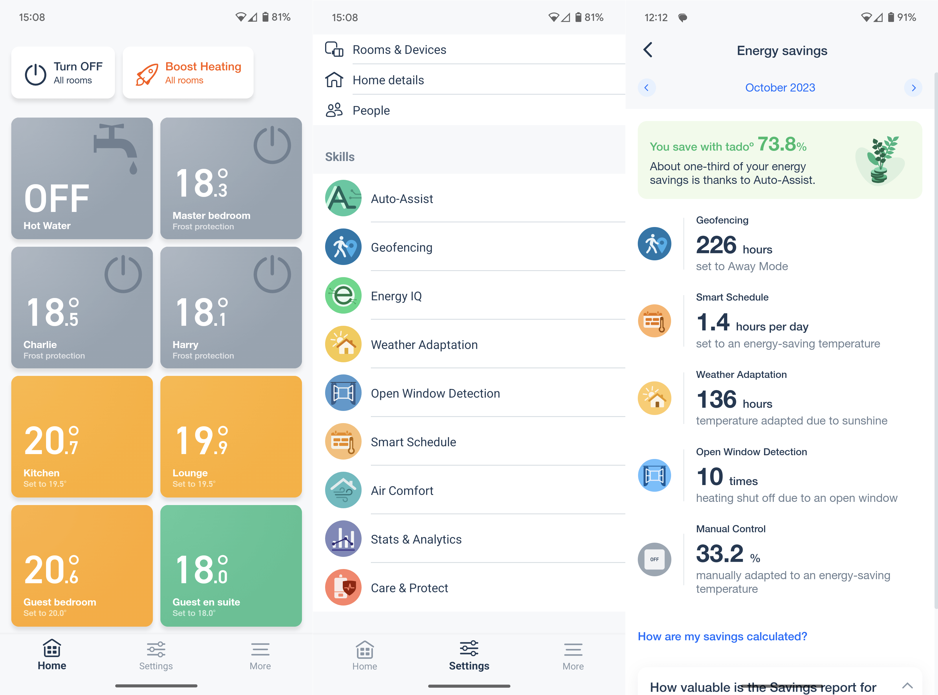 A montage of three screenshots from the Tado Android app, showing temperature, smart options, and energy saving results.