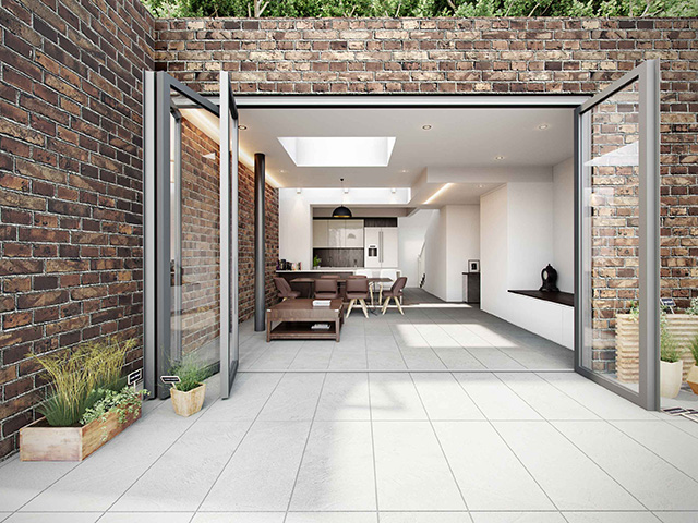 tiled patio leading into house through patio doors