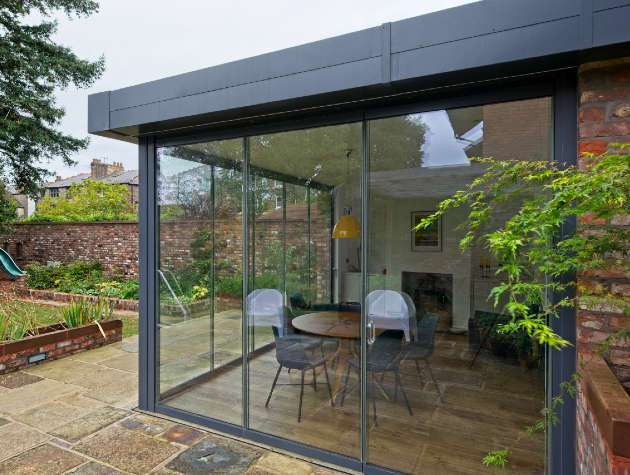 view from outside through glass doors to dining area