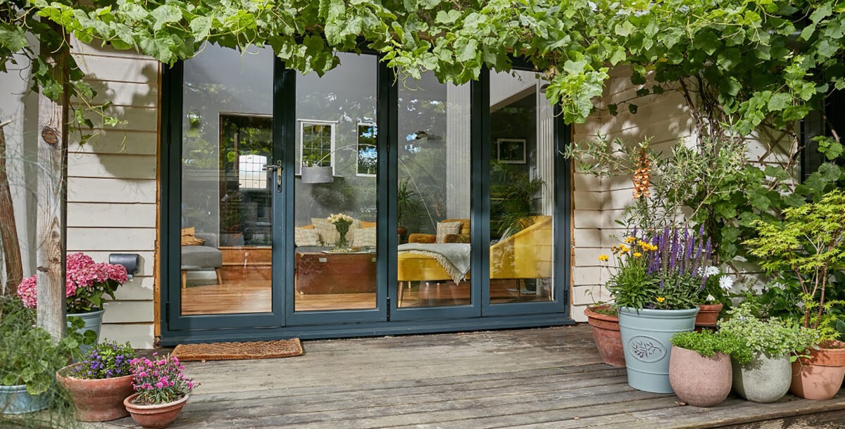 Bifold doors installed in a kitchen, view from outside